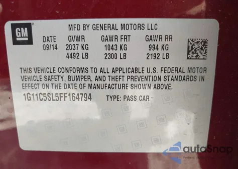 2015 Chevrolet Malibu 1Lt z USA, uszkodzony, nr VIN 1G11C5SL5FF164794